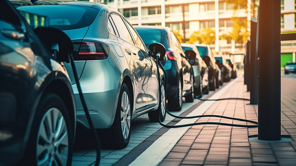 Elektroautos am Straßenrand sind per Kabel an Ladepunkte angeschlossen